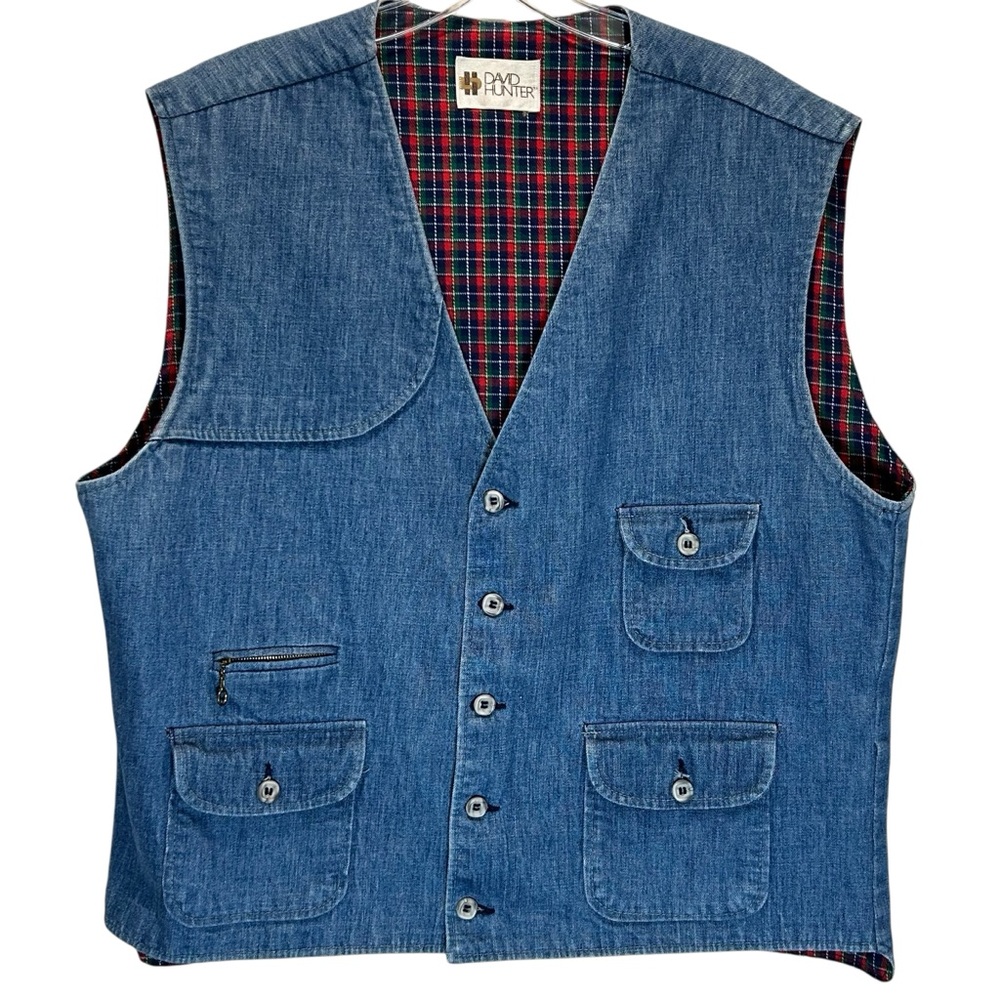 VTG Men’s David Hunter Blue Denim Plaid Lined Vest - Size 46, Western Wear
